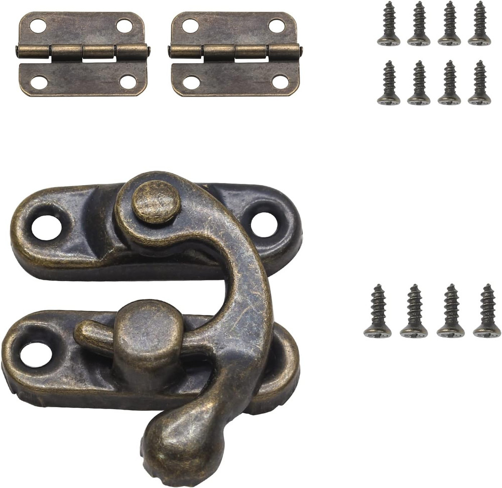 Antique Bronze Right Latch Hook Hasp, Small Box Hinges and Retro Latch Lock