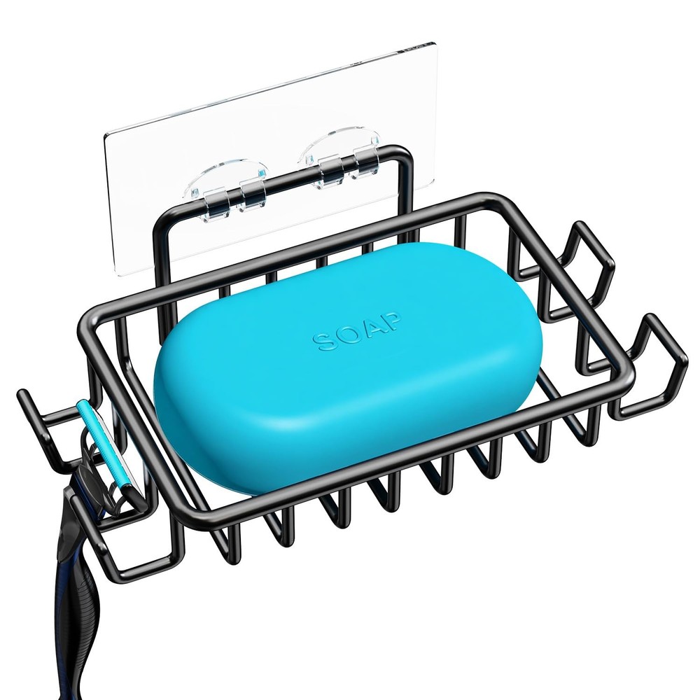 Nieifi Soap Dish Holder with 4 Hooks Stainless Steel Black 1 Pack,