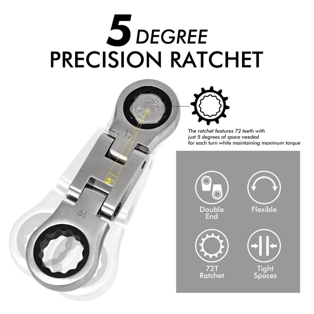 Stubby Wrenches Set, 72-Tooth Flex Head Ratcheting Wrench Set, Compact Double...