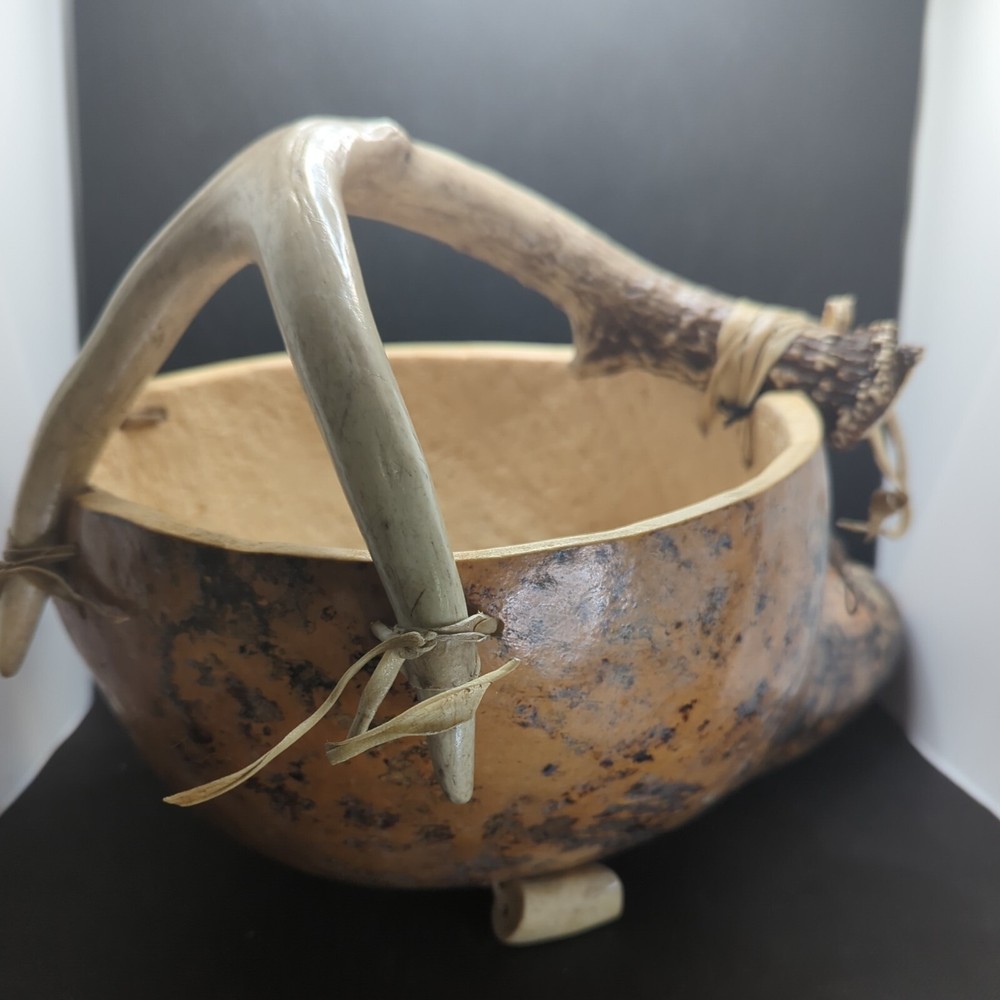 Large Gourd Bowl Cornucopia basket deer antler handle cabin rustic decor