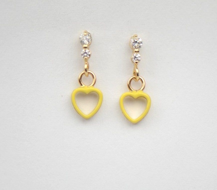 14K Solid Yellow Gold Heart Shape Dangle Earring with Enamel
