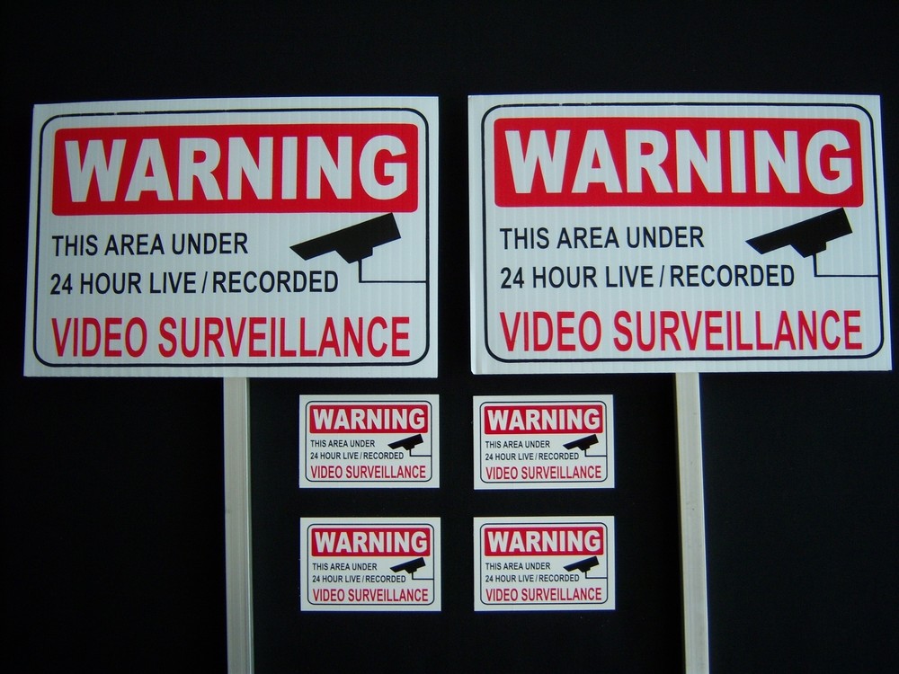2 VIDEO SURVEILLANCE SIGNS + 4 DECALS  - 2 STAKES ..#PS-419