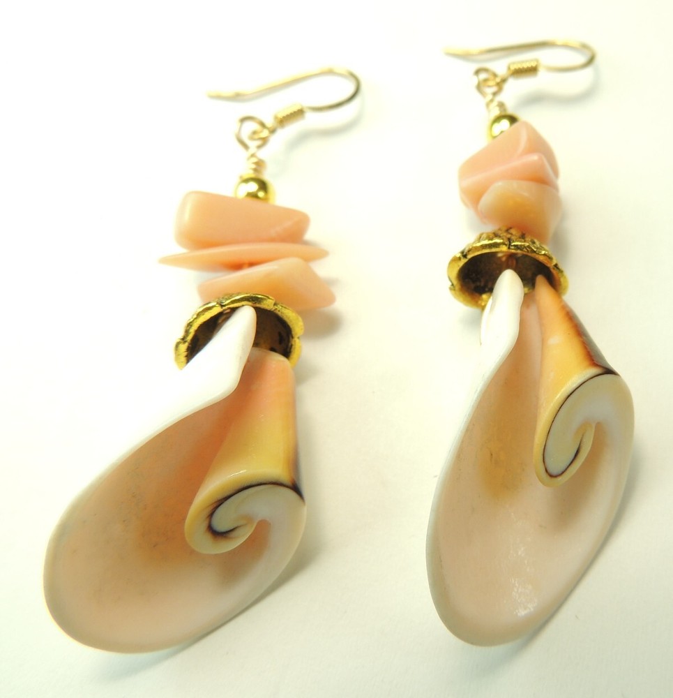 Pink Curly Shell  Earrings with Coral Handmade