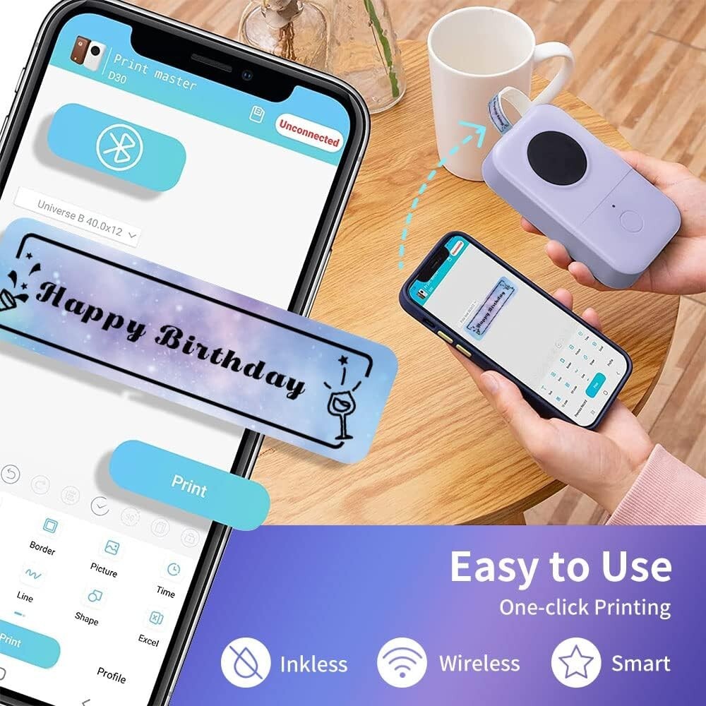 Label Maker Thermal Phomemo D30 Bluetooth Wireless Mini Portable Label Printer