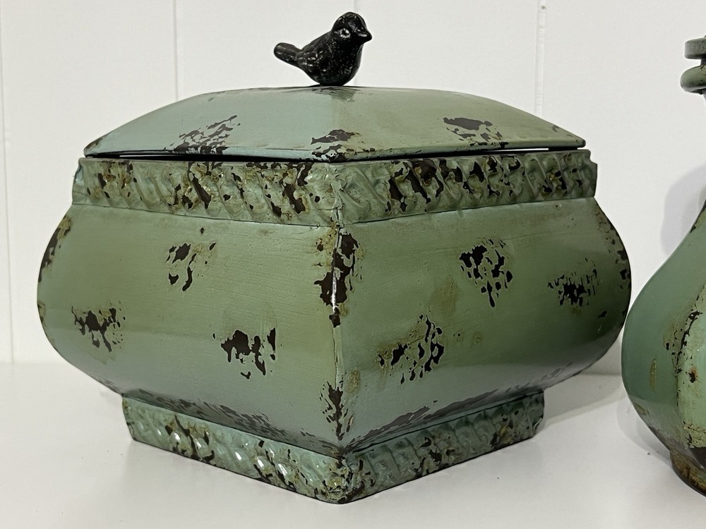 Blue Green Metal Distressed Box Container With Bird Accent