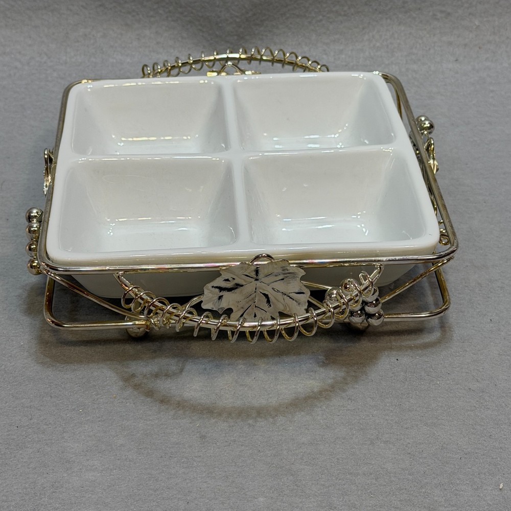 STUDIOSILVER Vintage Divided Ceramic Appetizer Dish Silver Metal Holder