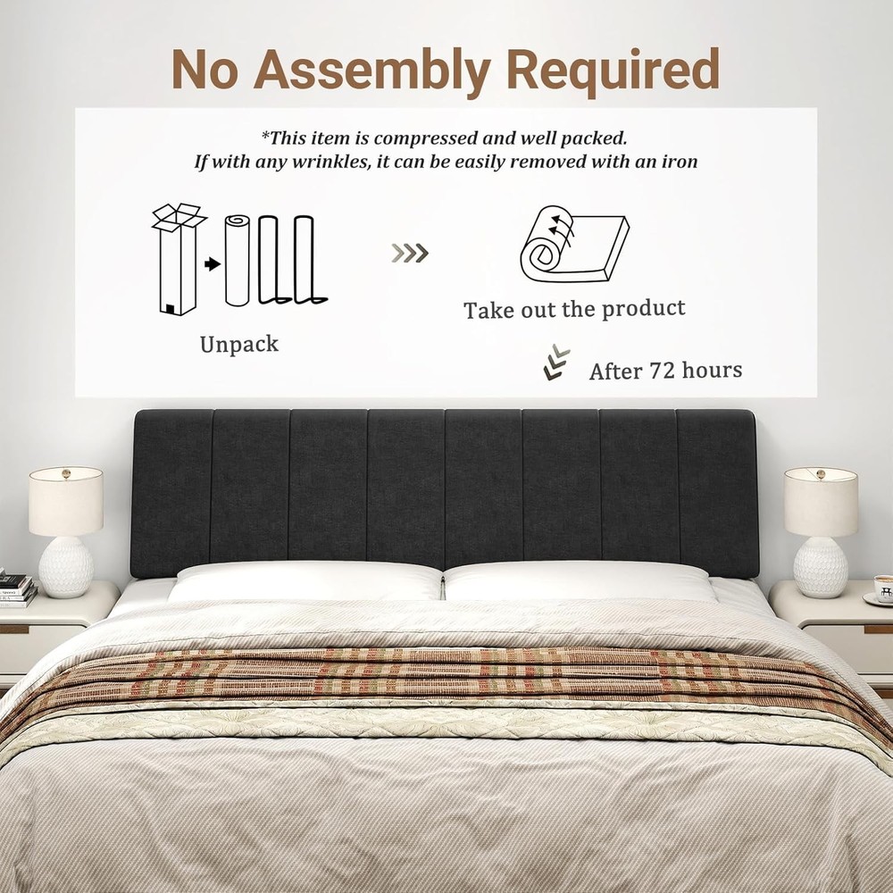 King Size Upholstered Linen Headboard Black Thick Padded Modern Design