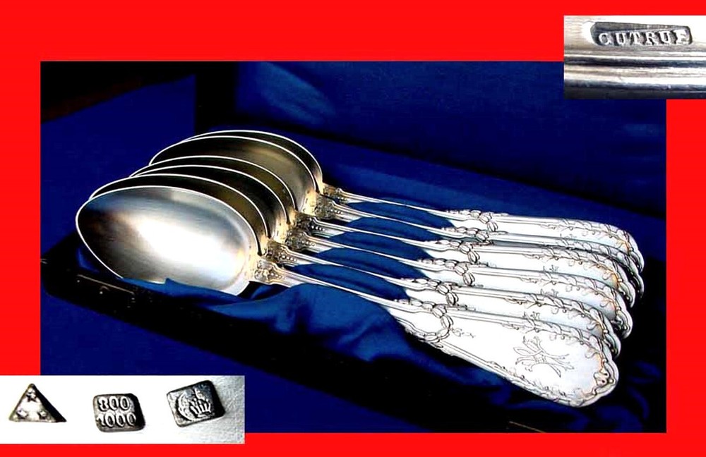 Set, 6 Large Solid Spoons, Belgium, GUTRUF, 800 Silver B605