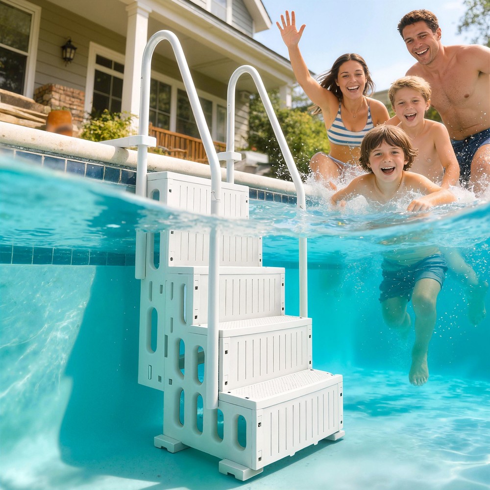 Swimming Pool Ladder Adjustable 4-Step, Cream White, White