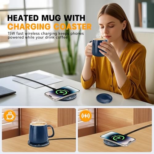 Smart-Warming Ceramic Mug & Plug in 15W Wireless Charger Combo - Keep Navy Blue