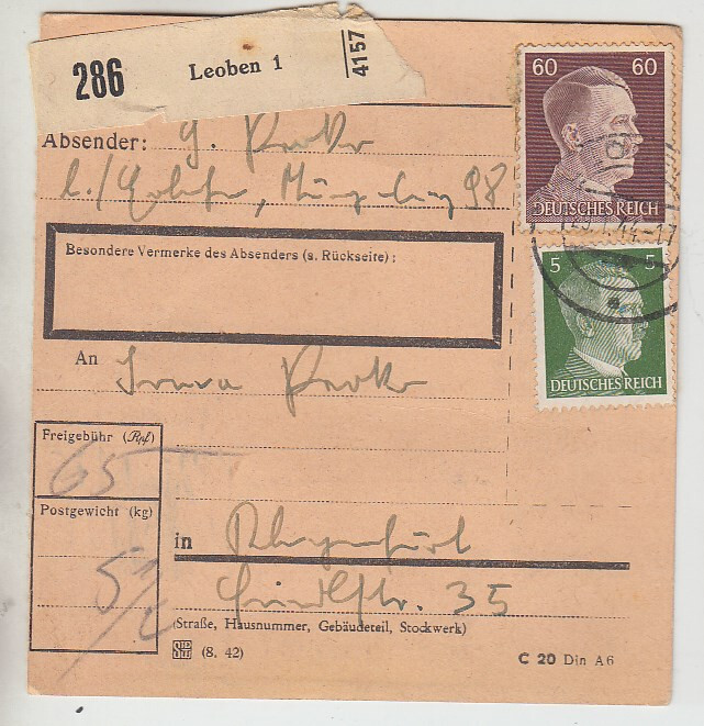 Package Card Ostmark Leoben 1944