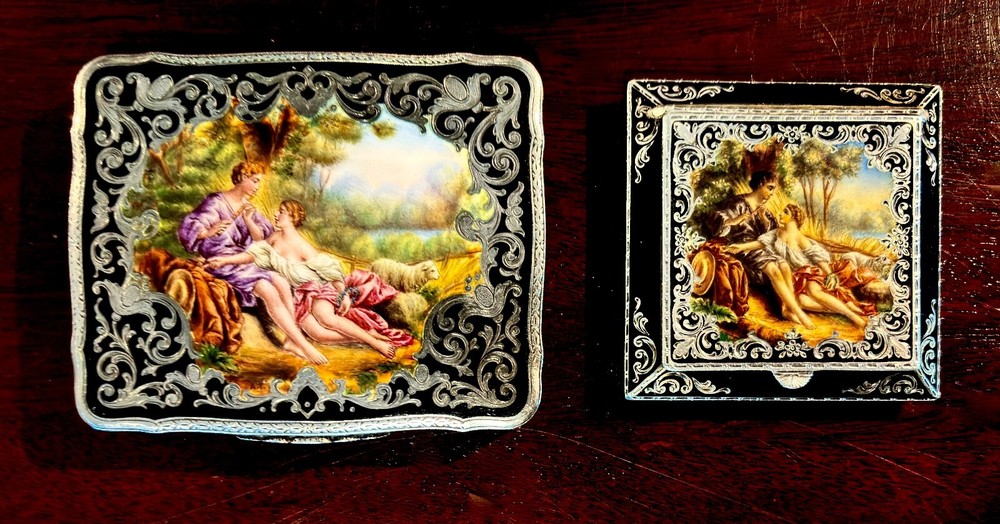 AUSTRIAN EMPIRE ANTIQUE SILVER CIGARETTE CASE AND POWDER COMPACT