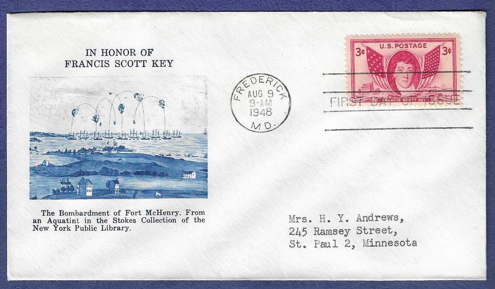 1948 FDC Francis Scott Key issue #962 Fulton cachet addressed