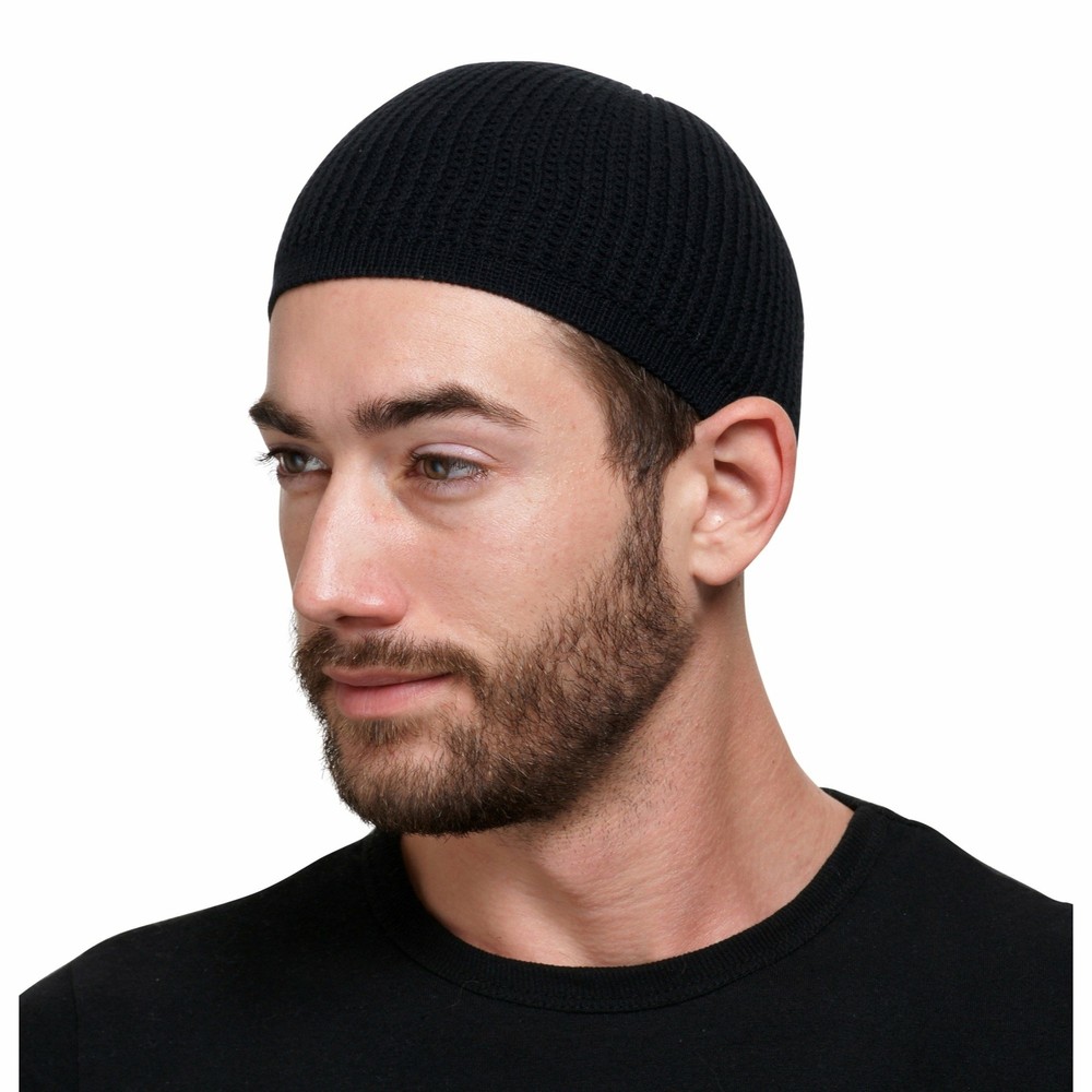 Solid Colored Elastic Skull Cap Kufi Hats with Ribbed Checkered Knit