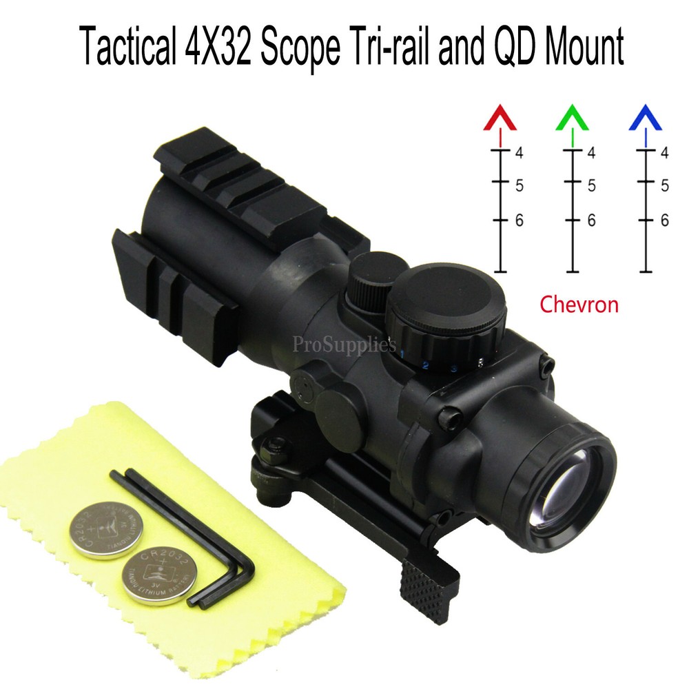 Tactical Scope 4X32 Tri-Rail Mount with Quick Release - Chevron RETICLE