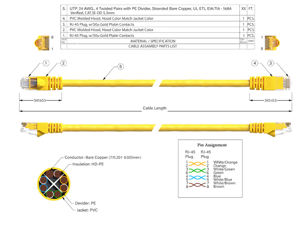 35ft Cat5e UTP Ethernet Network Patch Cable Snagless 24AWG Bare Copper, Yellow