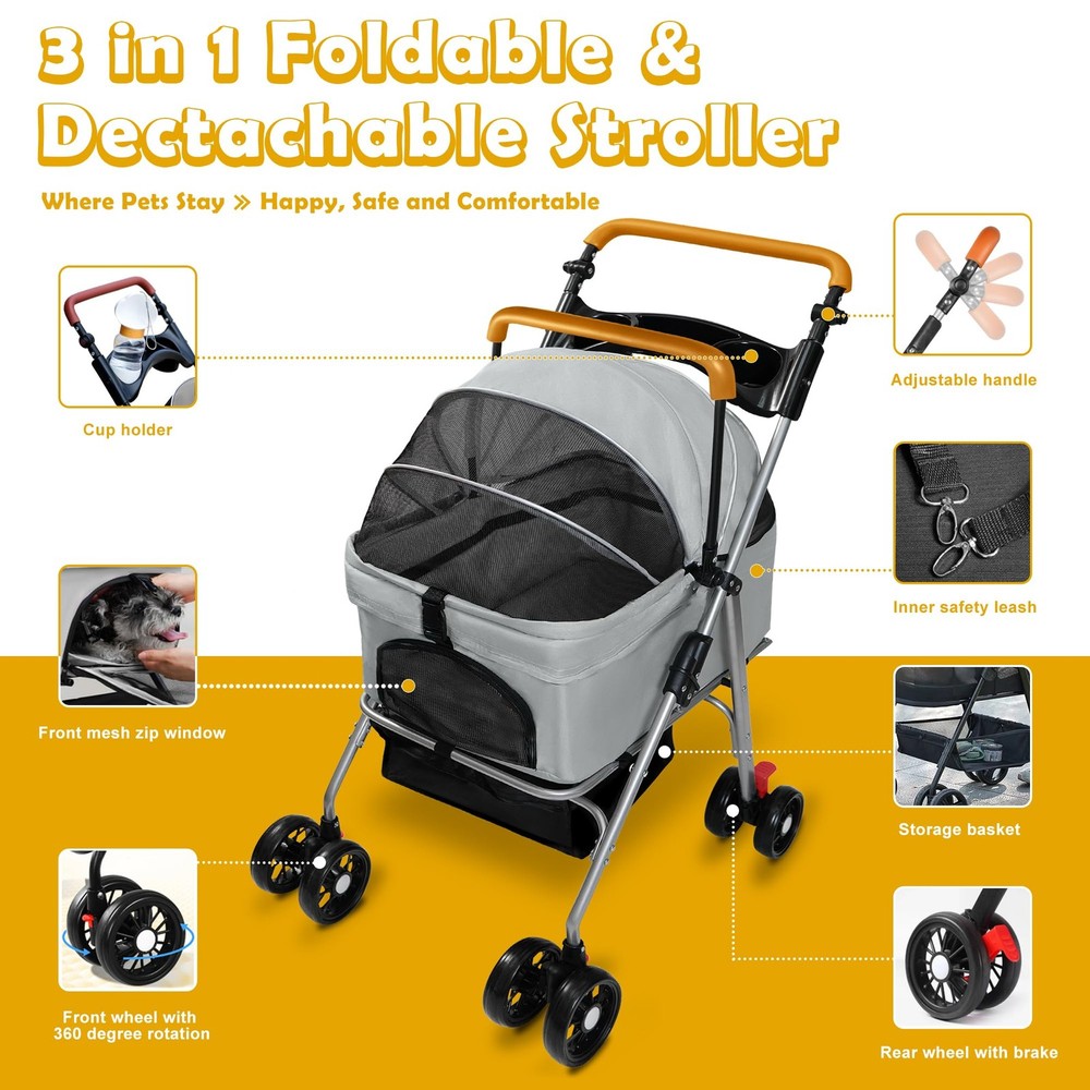 Pet Stroller with Storage Basket and Cup Holder, Folding Dog Jogger, Foldable...