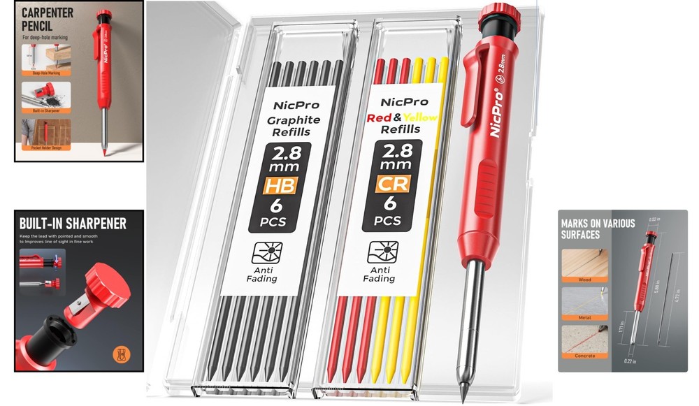 Ergonomic Carpenter Pencil with Sharpener & 13 Refills - Heavy Duty Precision...