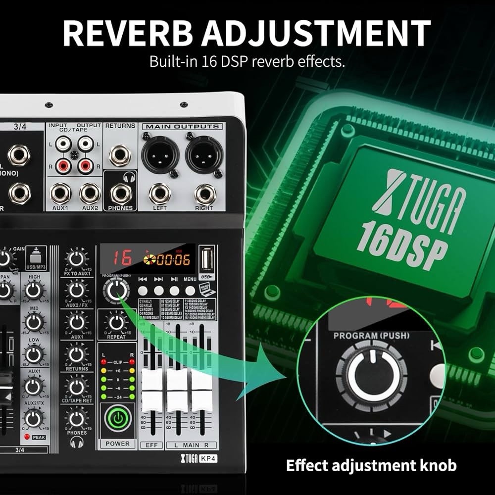 XTUGA KP4 4 Channel Audio Mixer, 16-Bit DSP Effect USB Audio Interface Effects