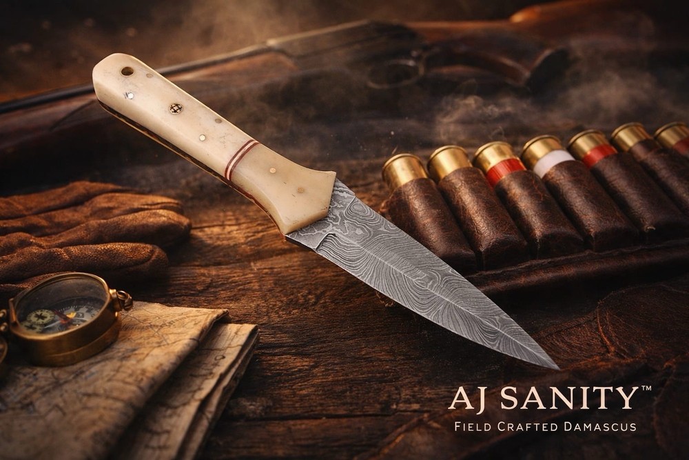handmade Damascus Knives double edged dagger boot knife Combat Camel Bone Handle