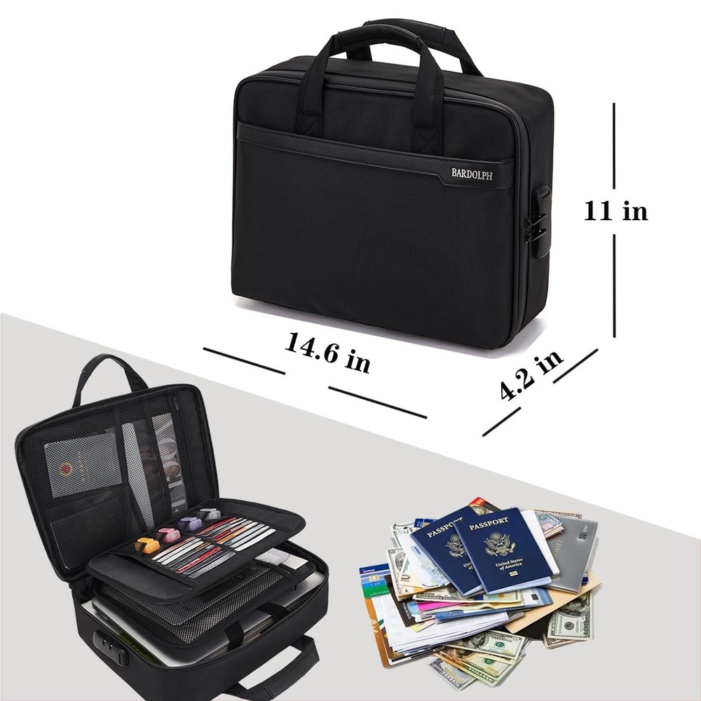 Black Document Organizer Box, Lock, Portable, Home, Travel, Safe File Storage