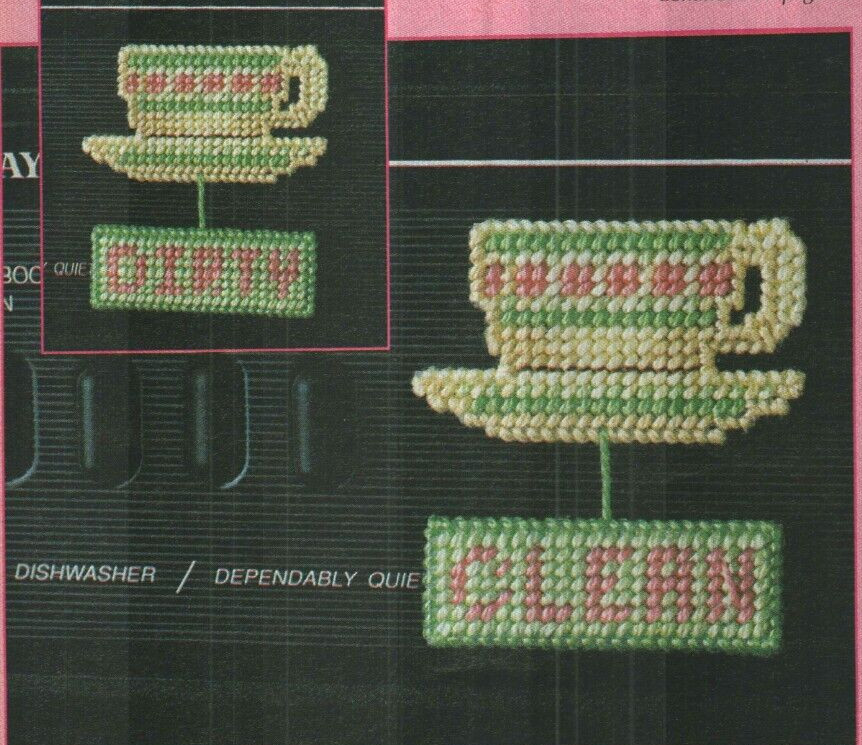 CLEAN/DIRTY DISHES MINDER DIGEST SIZE PLASTIC CANVAS PATTERN INSTRUCTIONS