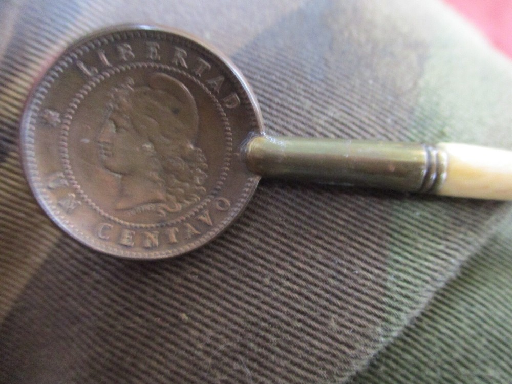 ANTIQUE SPOON 1889 MEXICO COPPER CENTAVO COIN WITH BONE HANDLE 5"