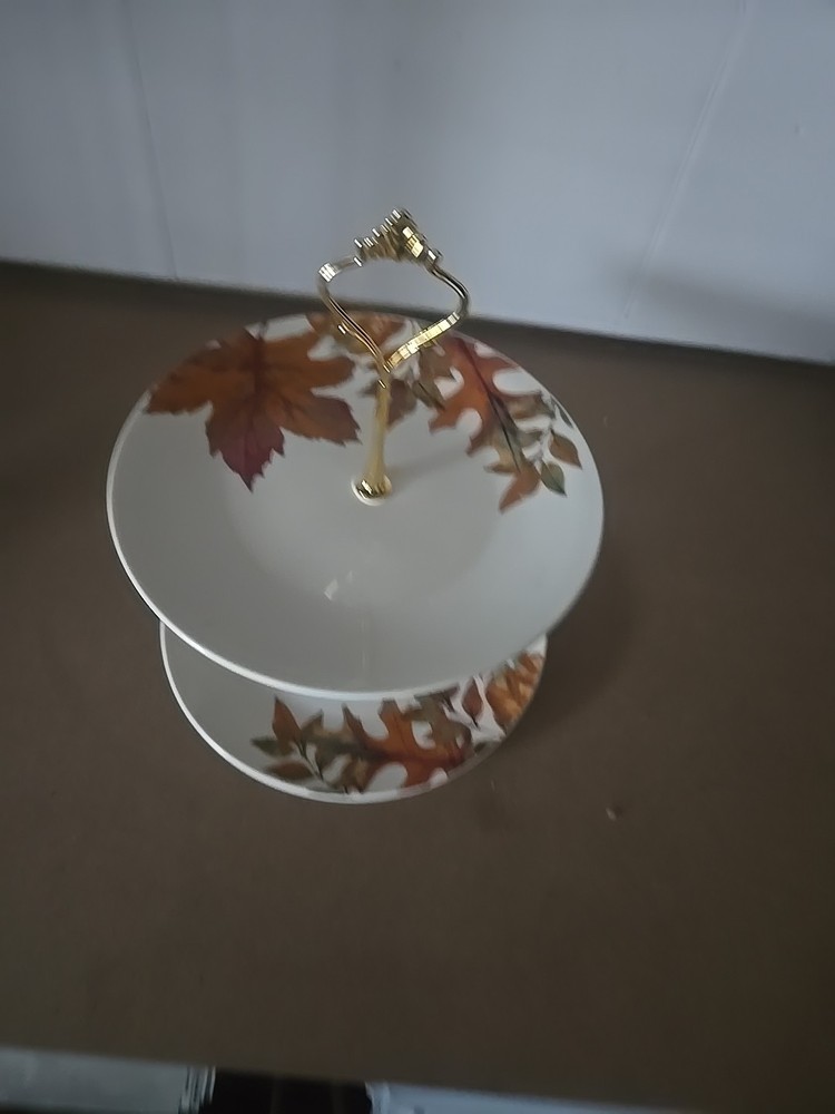 Royal Norfolk 2‑Tier Ceramic Cake Stand – Fall Leaf Pattern, Disassembles