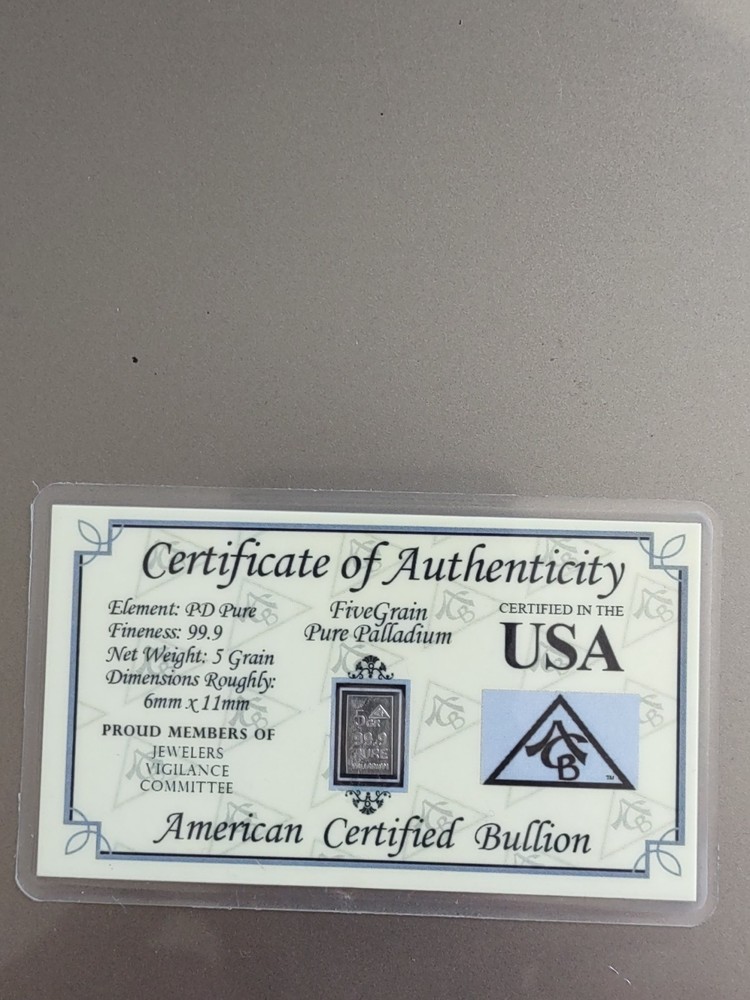 Palladium 5 GRAIN Certified Bar