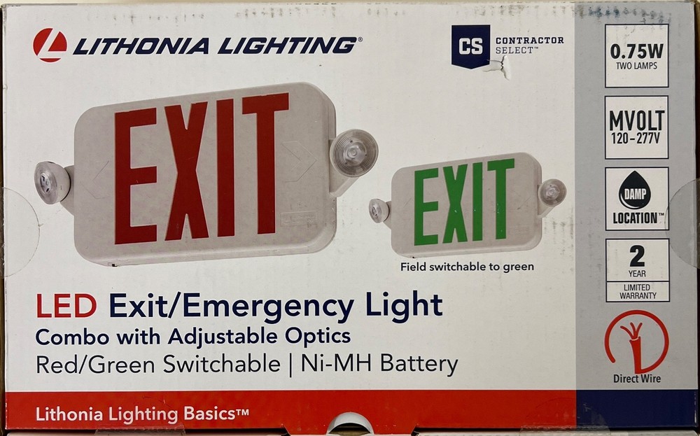 LITHONIA LED EXIT/EMERGENCY LIGHT SIGN COMBO ADJUSTABLE OPTICS, 269XVW - NEW