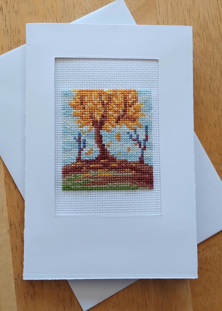 Fall Tree Leaf fall. Finished X-stitch. White card, blank insert & envelope.