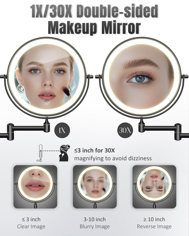 Wall Mounted Makeup Mirror with Light, 30X/1X 8'' Double Sided LED Magnifying...