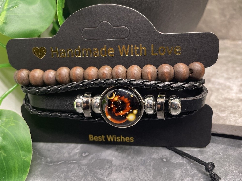 2 PC Zodiac Wood Bead PU Leather Bracelet Stackable Adjustable Tie New B3370
