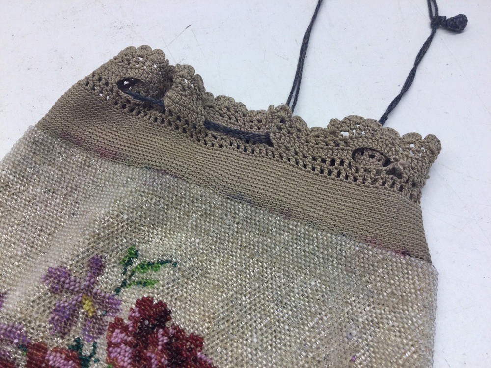 Antique Beaded Roses Drawstring Bag Purse
