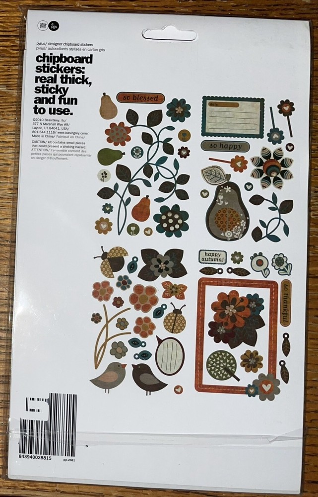 Basic Grey Designer Chipboard Real Thick & Sticky Chip Scrapbook Stickers 4pgs