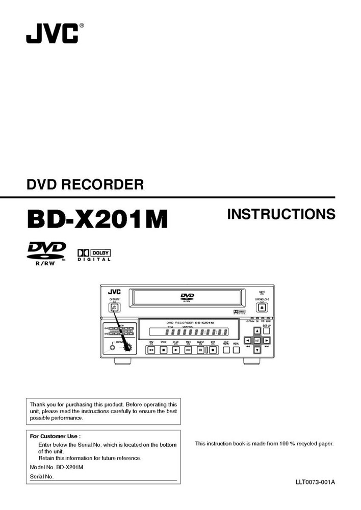 JVC BD-X201M DVD Recorder Owners Instruction Manual Reprint