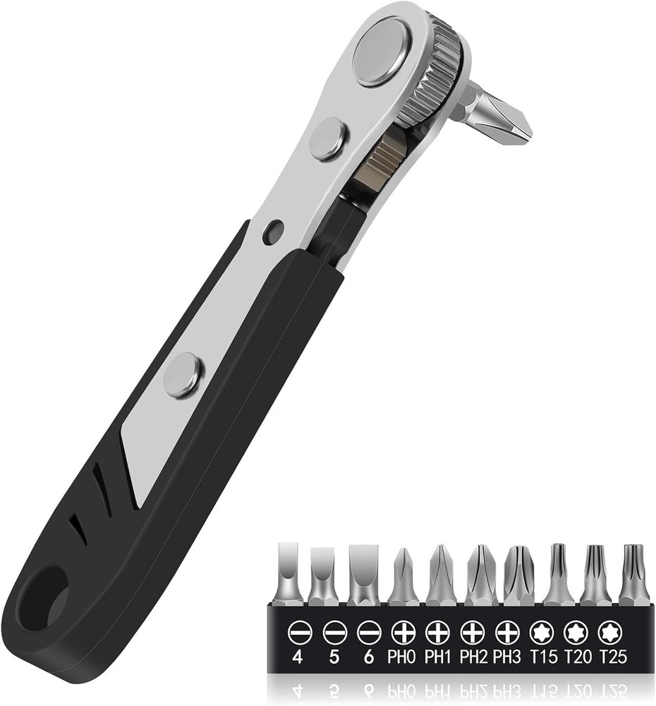 Ratcheting Right Angle Screwdriver Hex Drive 90 Degree Offset + 10pc Bits Set