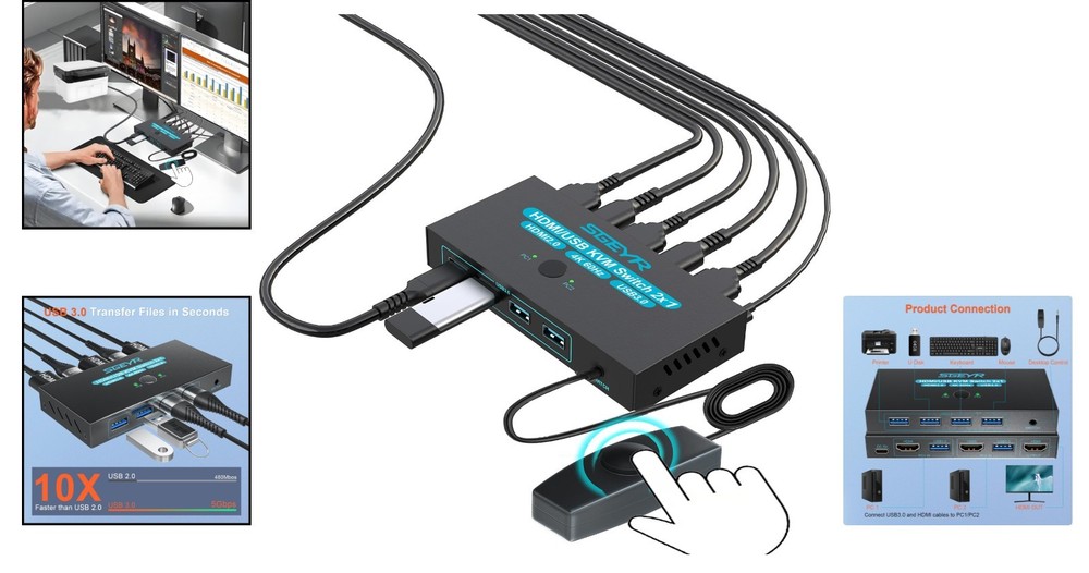 Compact USB 3.0 HDMI KVM Switch for 2 Computers with Push Button Control