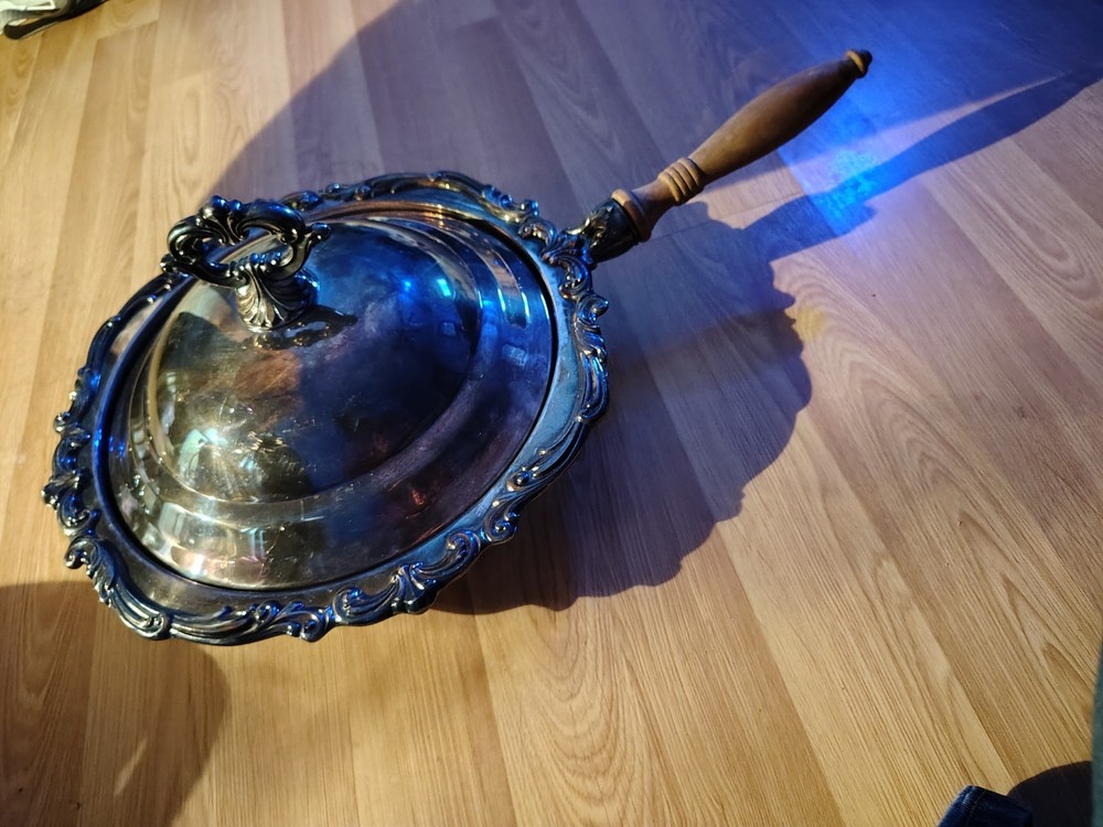 Silver Chafing Dish with Lid and Wooden Handle,