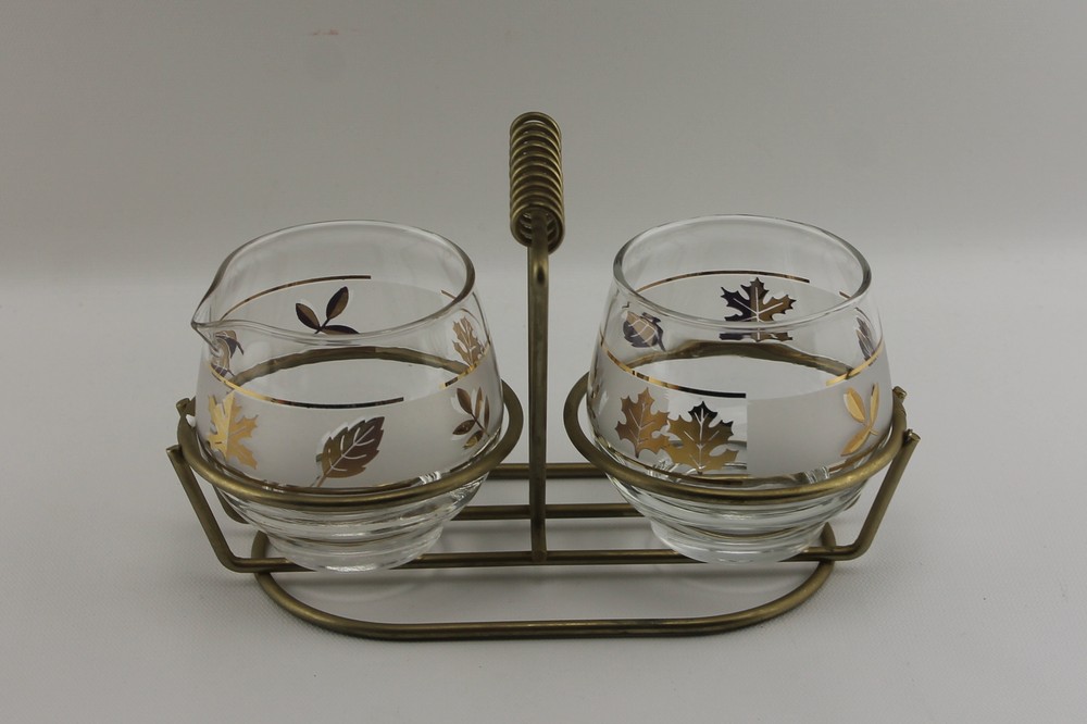 Vintage Leaf Gold Chrome Sugar and Creamer Set with Caddy