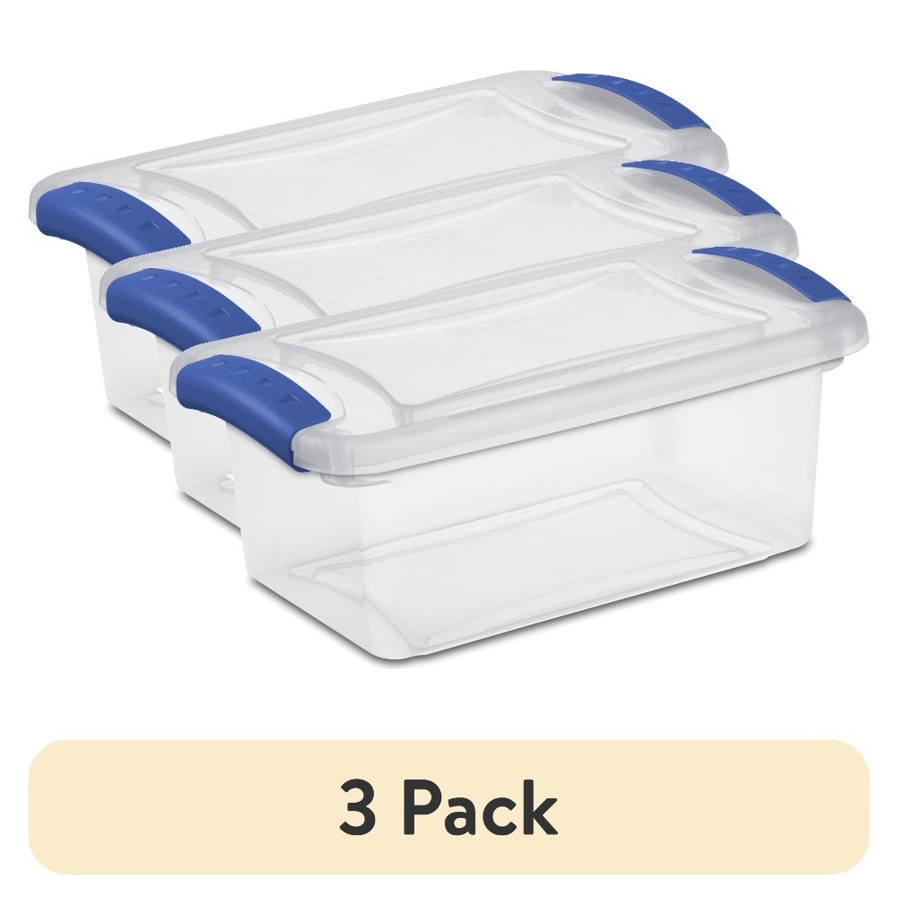 Clear Plastic Storage Bin with Blue Latching Lid 7 Quart 3-Pack Organizer Box