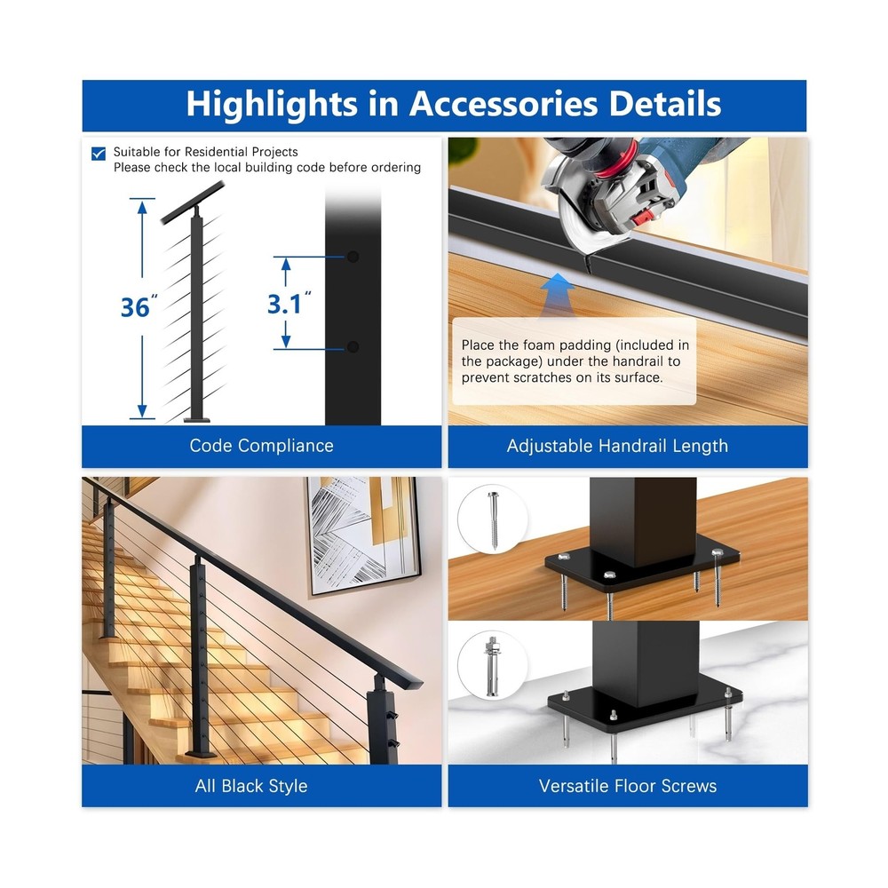 4ft-8ft Complete Set Cable Railing System 36", Black T304 Stainless Steel Ang...