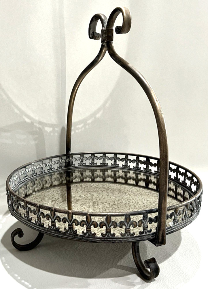 Vanity Tray Cake Dessert Stand 12"x12"x14.5" Mirror Bottom Fleur-de-lis Pattern