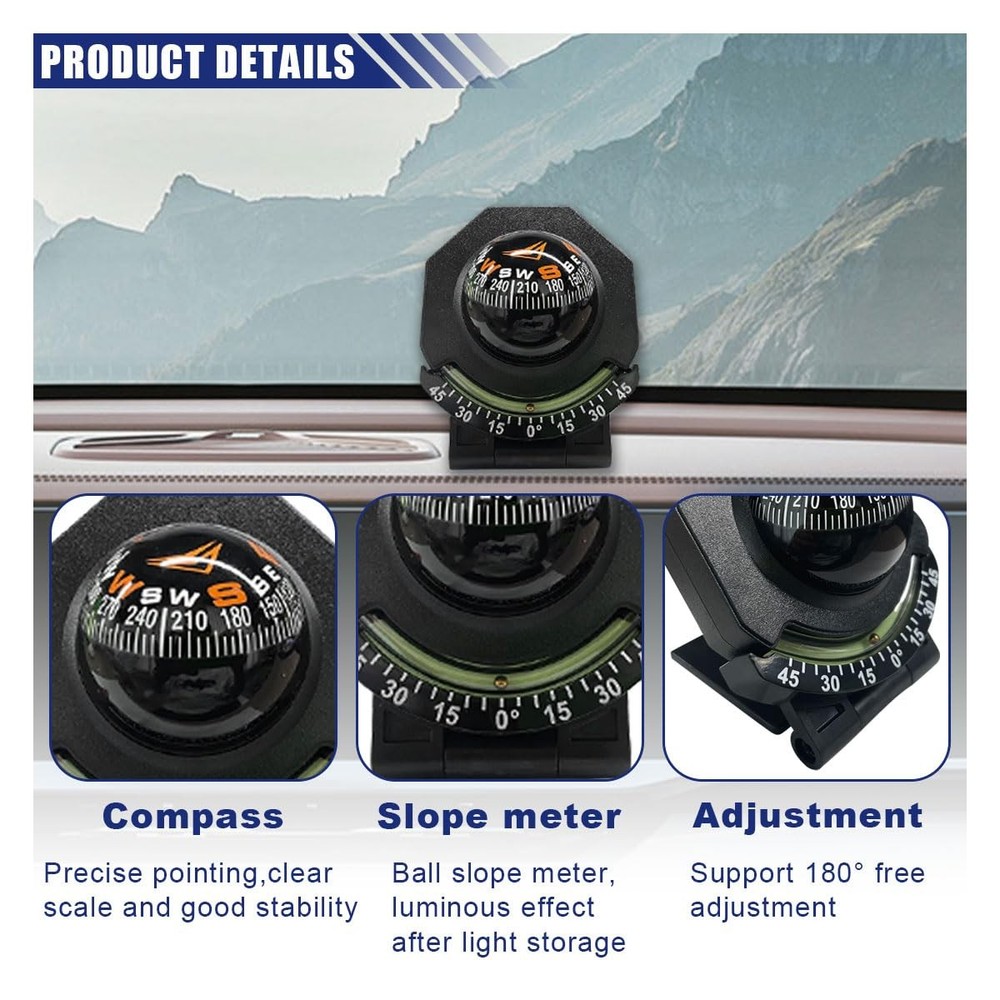 Car Compass, Car Dashboard Compass Ball with Slope Meter, Adjustable Night Vi...