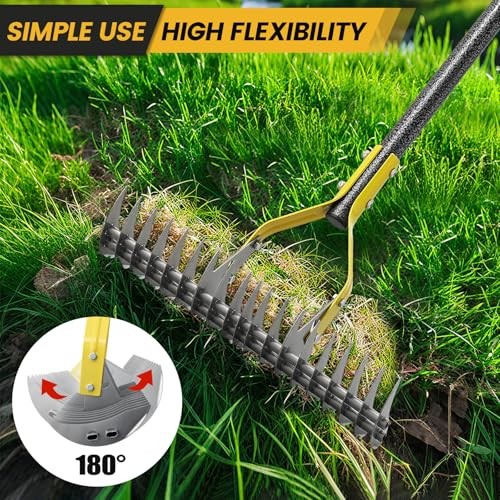 Thatch Rake Heavy Duty Metal Dethatcher Rake with Adjustable Long Handle 4.5FT