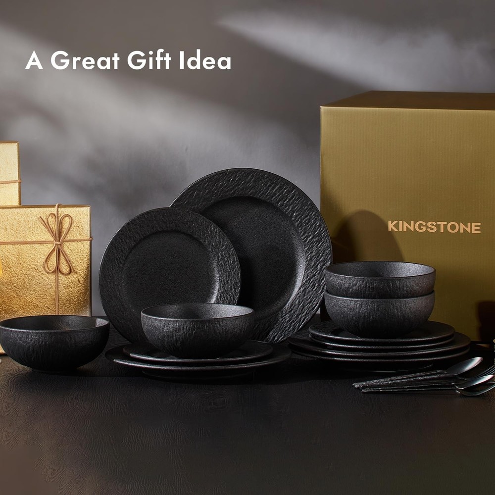 KINGSTONE Black Dinnerware Sets, 12-Piece Matte Marble Pattern Premium Porcelain