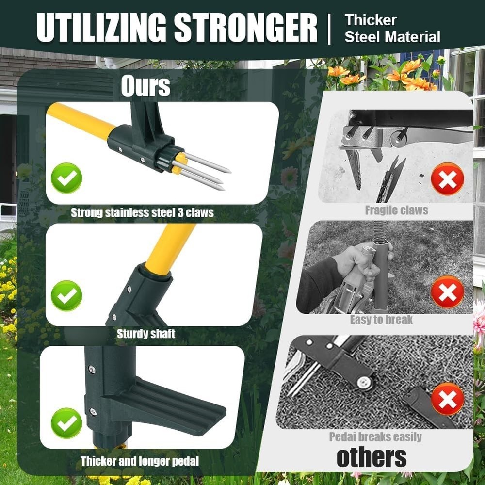 Durable Long Handle Weed Puller with 3 Claws for Effortless Gardening