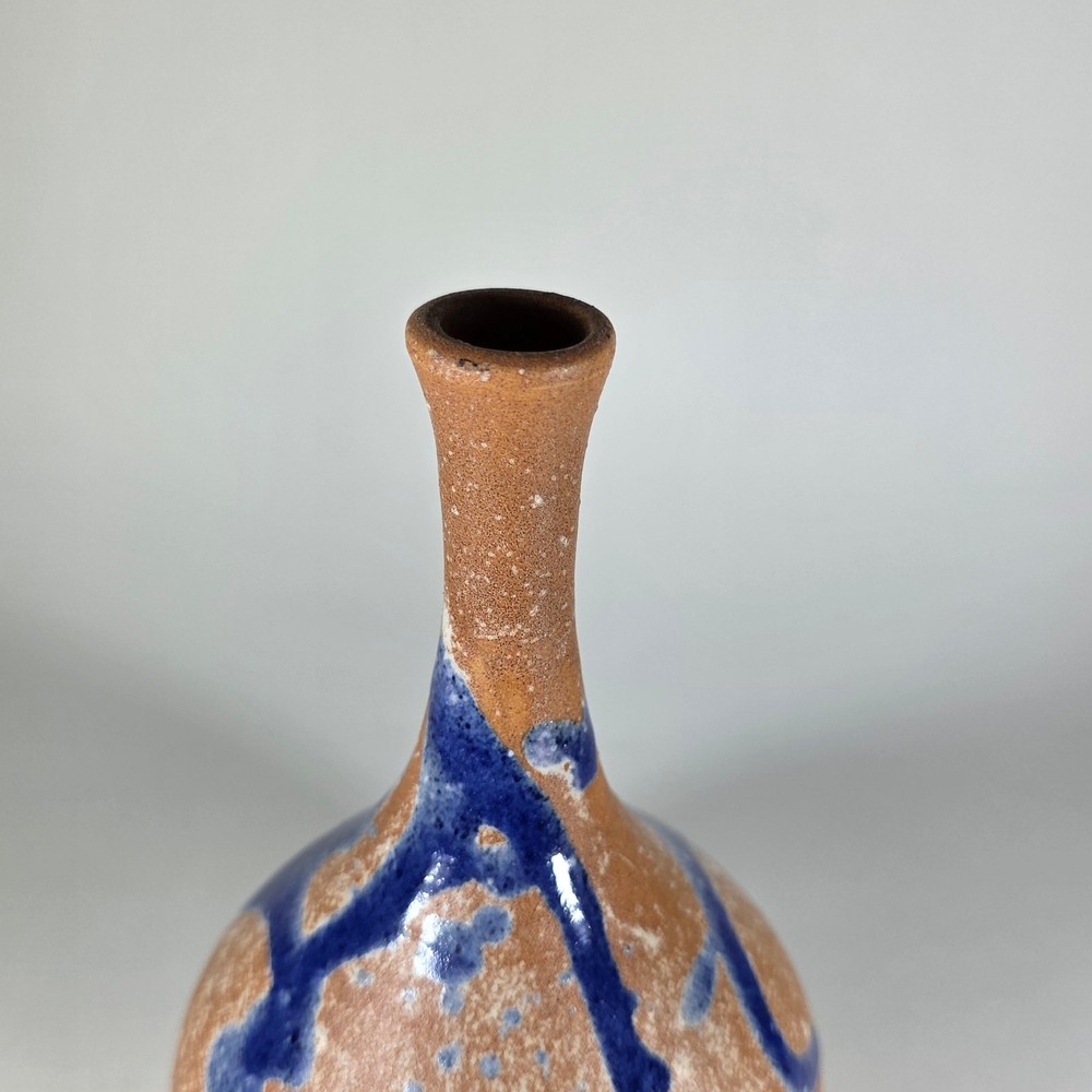 Signed Studio Pottery Bud Vase Blue Glaze Hand Thrown