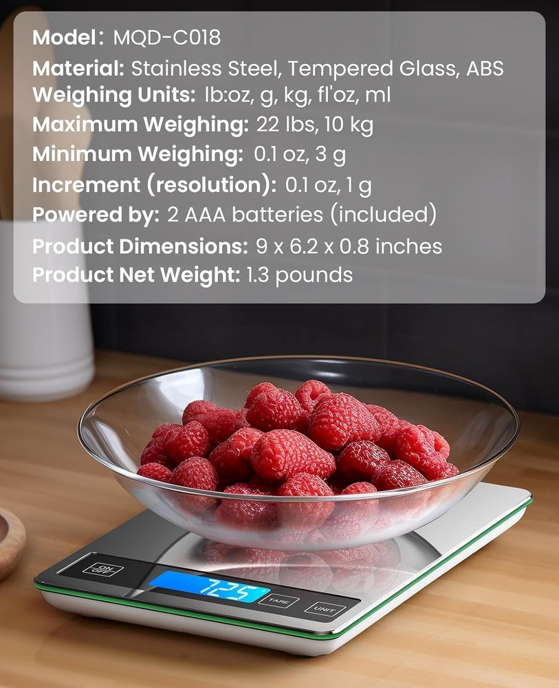 Precision 22lbs Kitchen Scale with Large Backlit Display for Effortless Cooking