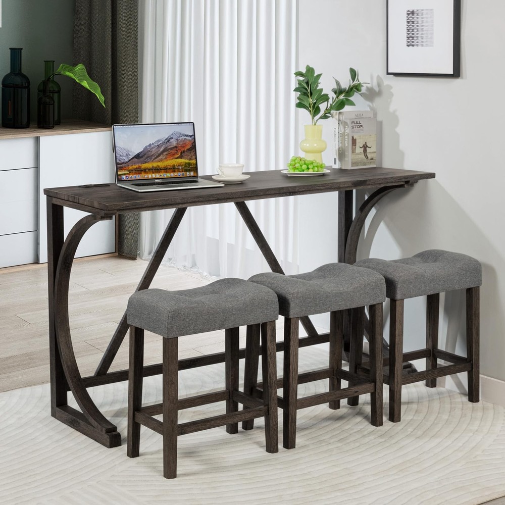 4 Piece Bar Table Set with USB Port, Kitchen Table with 3 Upholstered Stools,...